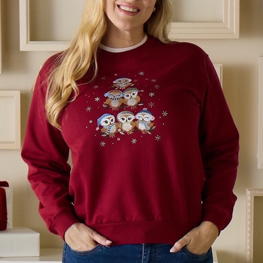 Morning Sun Womens Graphic Double Collar Sweatshirt XL Red Owl Christmas Tree